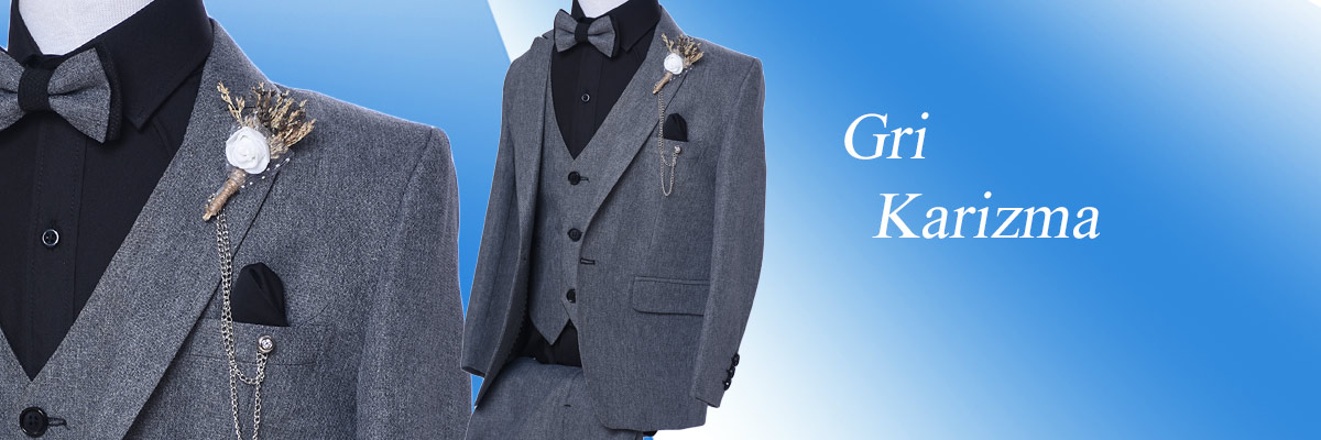  - Gri Renk Siyah Gömlek Çocuk Takım Elbise