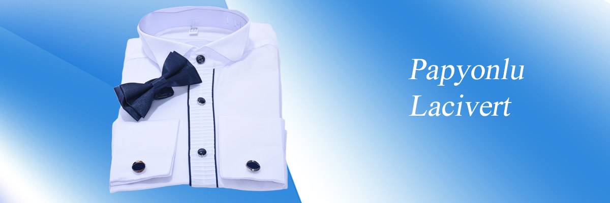  - Papyonlu Lacivert Biyeli Beyaz Ata Yaka Çocuk Gömlek