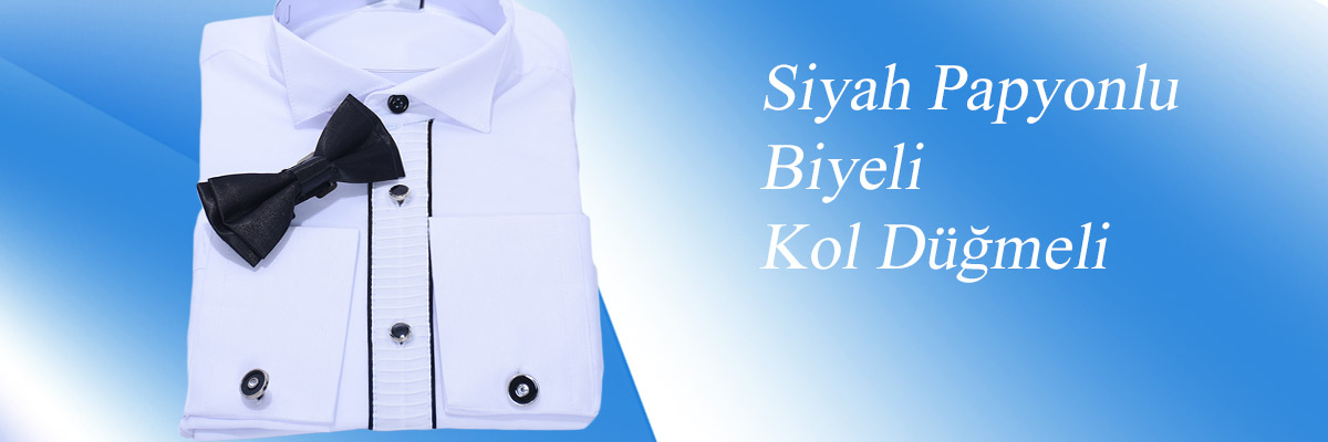  - Papyonlu Siyah Biyeli Beyaz Ata Yaka Çocuk Gömlek